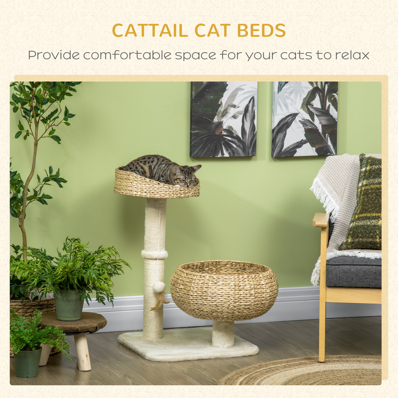 72cm Cat Tree Kitten Tower With 2 Beds Scratching Post Toy Ball, Beige