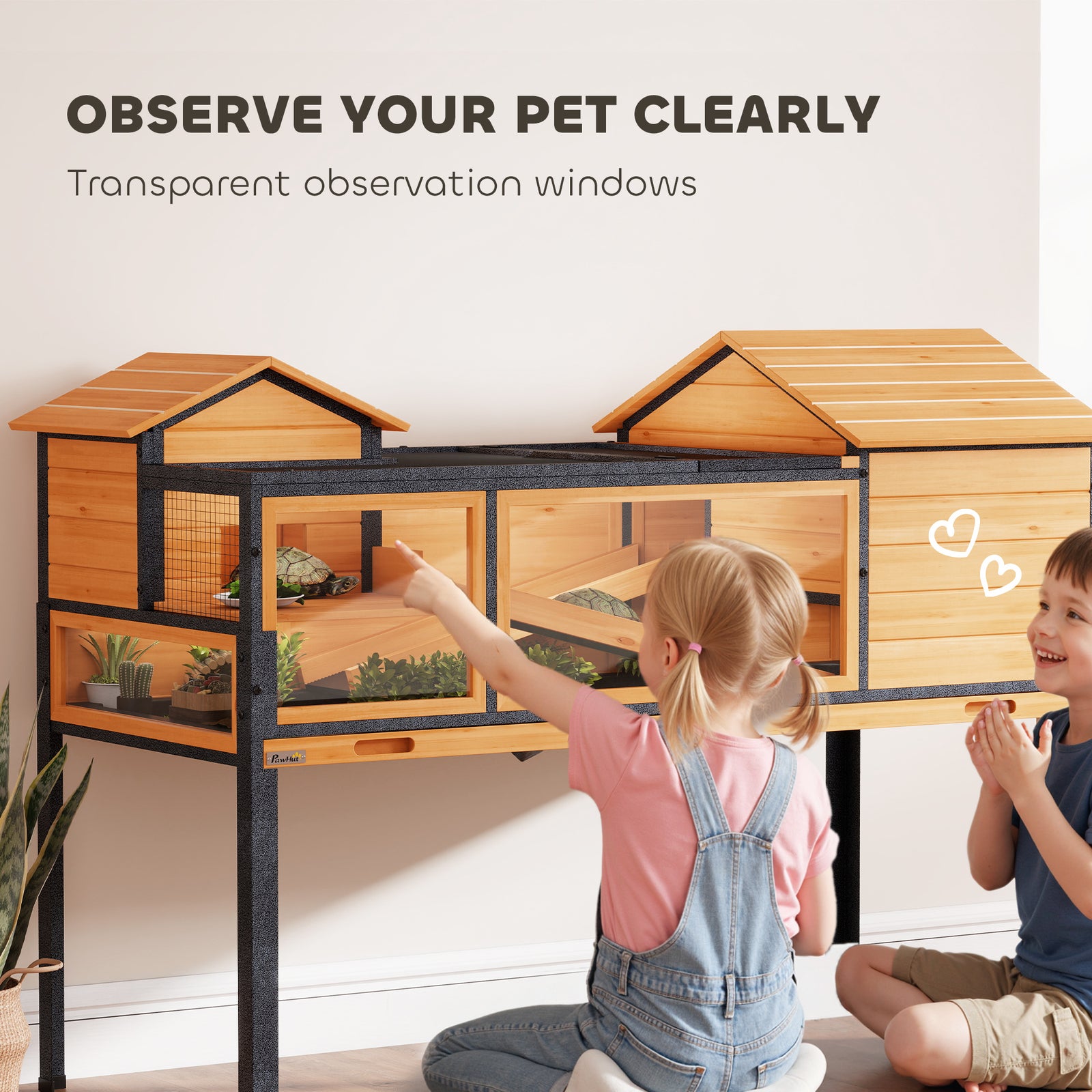 PawHut Wooden Tortoise House With Stand Legs, Observation Windows, Yellow