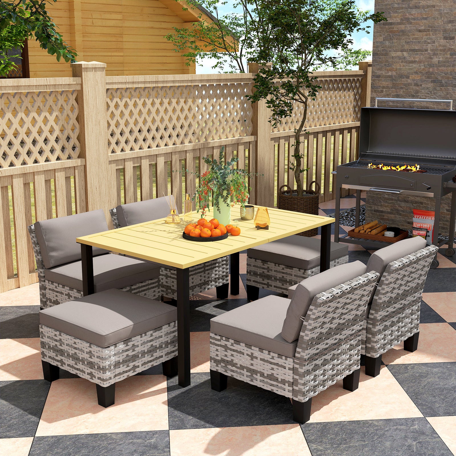 7-piece Rattan Dining Set, Slatted Metal Top Table, Grey