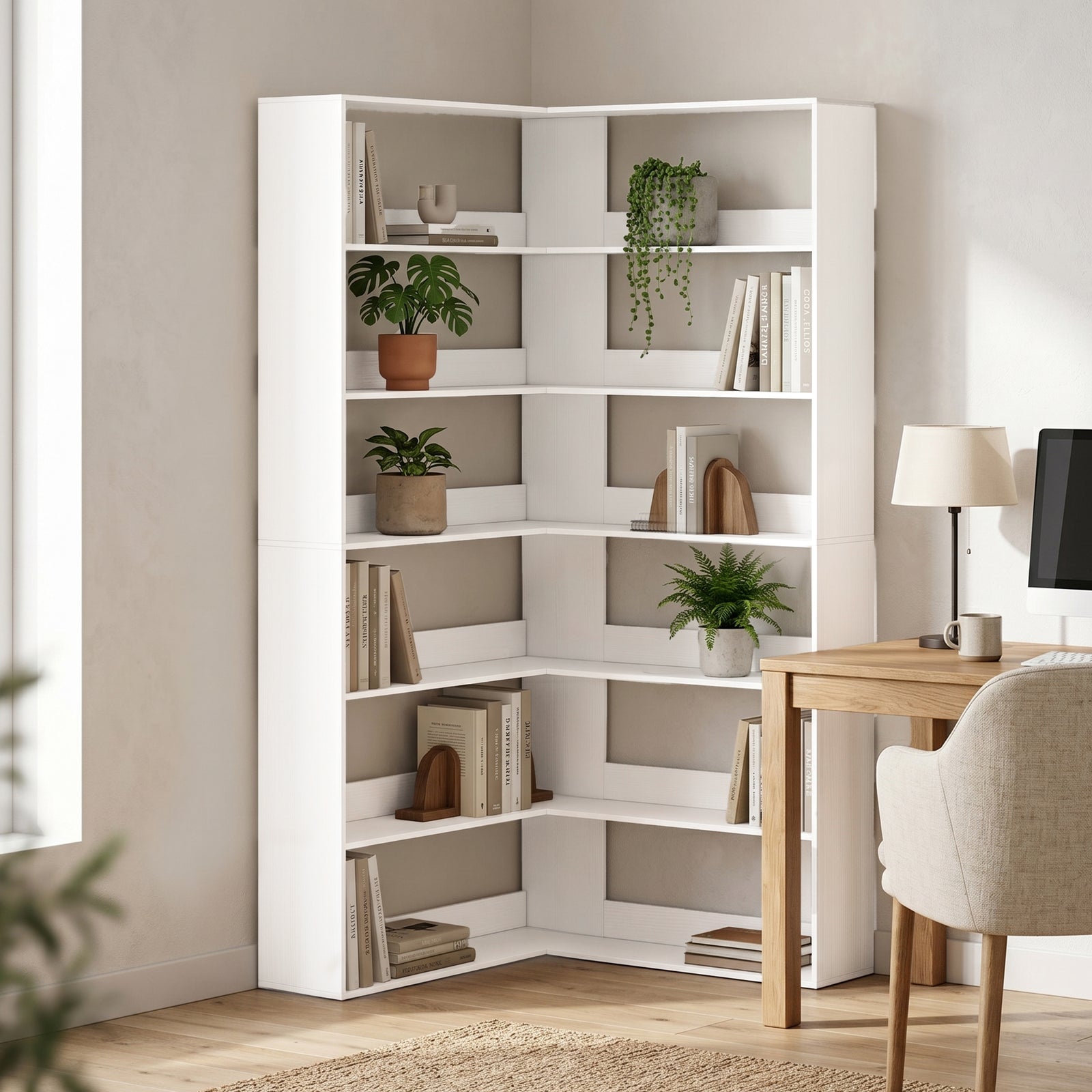 7 Tiers Corner Bookshelf, L-shaped | White