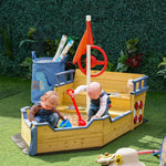 Kids Wooden Sandbox Pirate Ship Sandboat W/ Bench Seat Storage Space