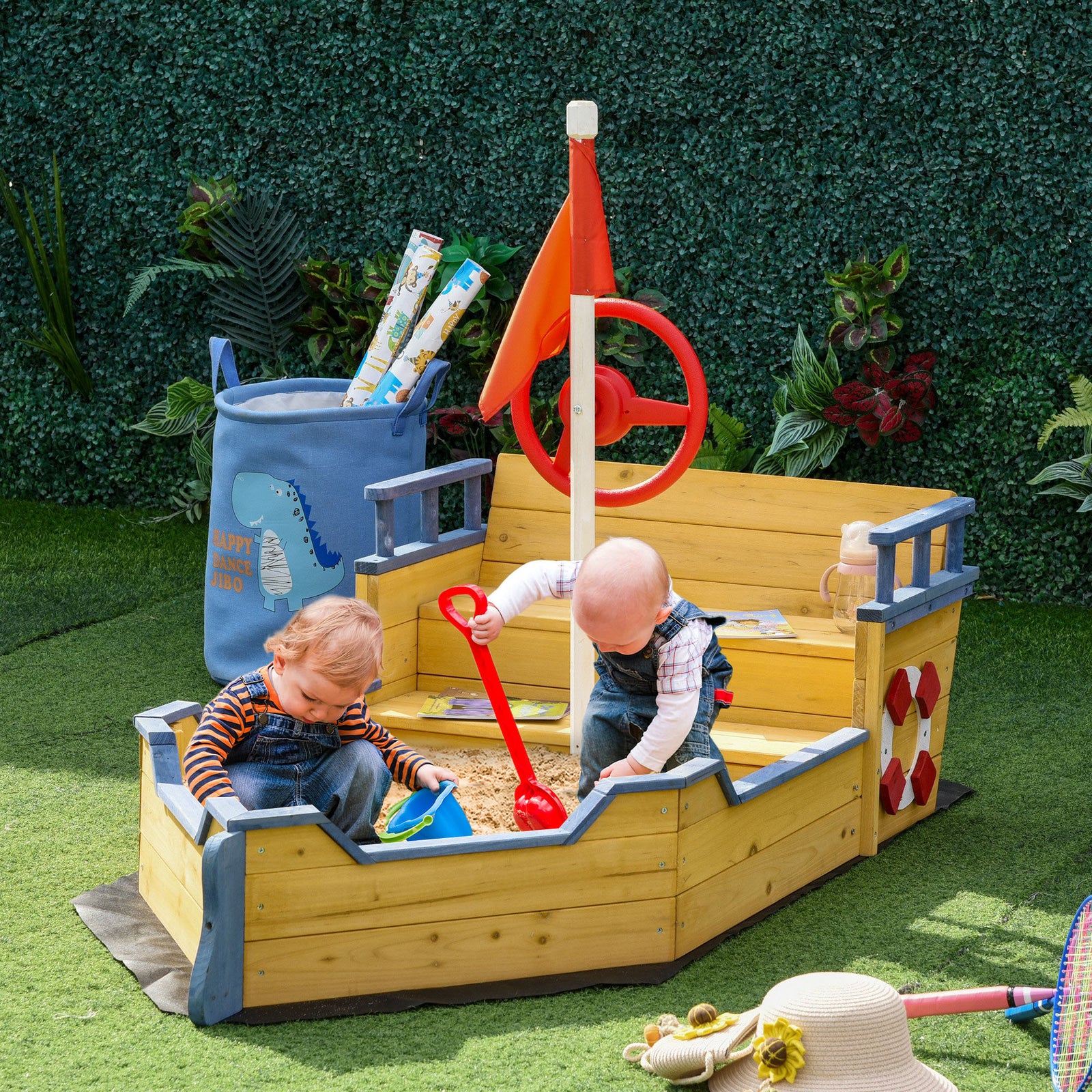 Kids Wooden Sandbox Pirate Ship Sandboat W/ Bench Seat Storage Space