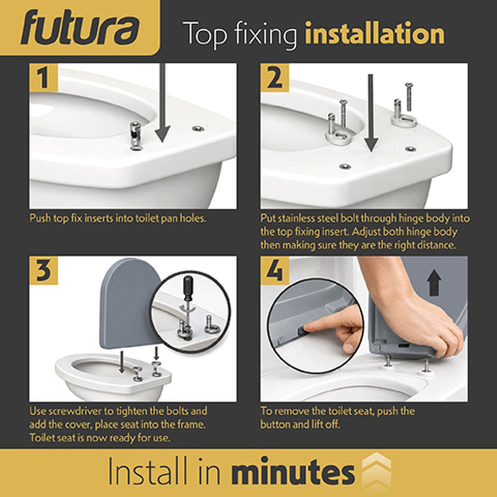Toilet Seat Soft Close D Shape, Premium Thermoplastic, Quick Release, Top & Bottom Fixings | Grey