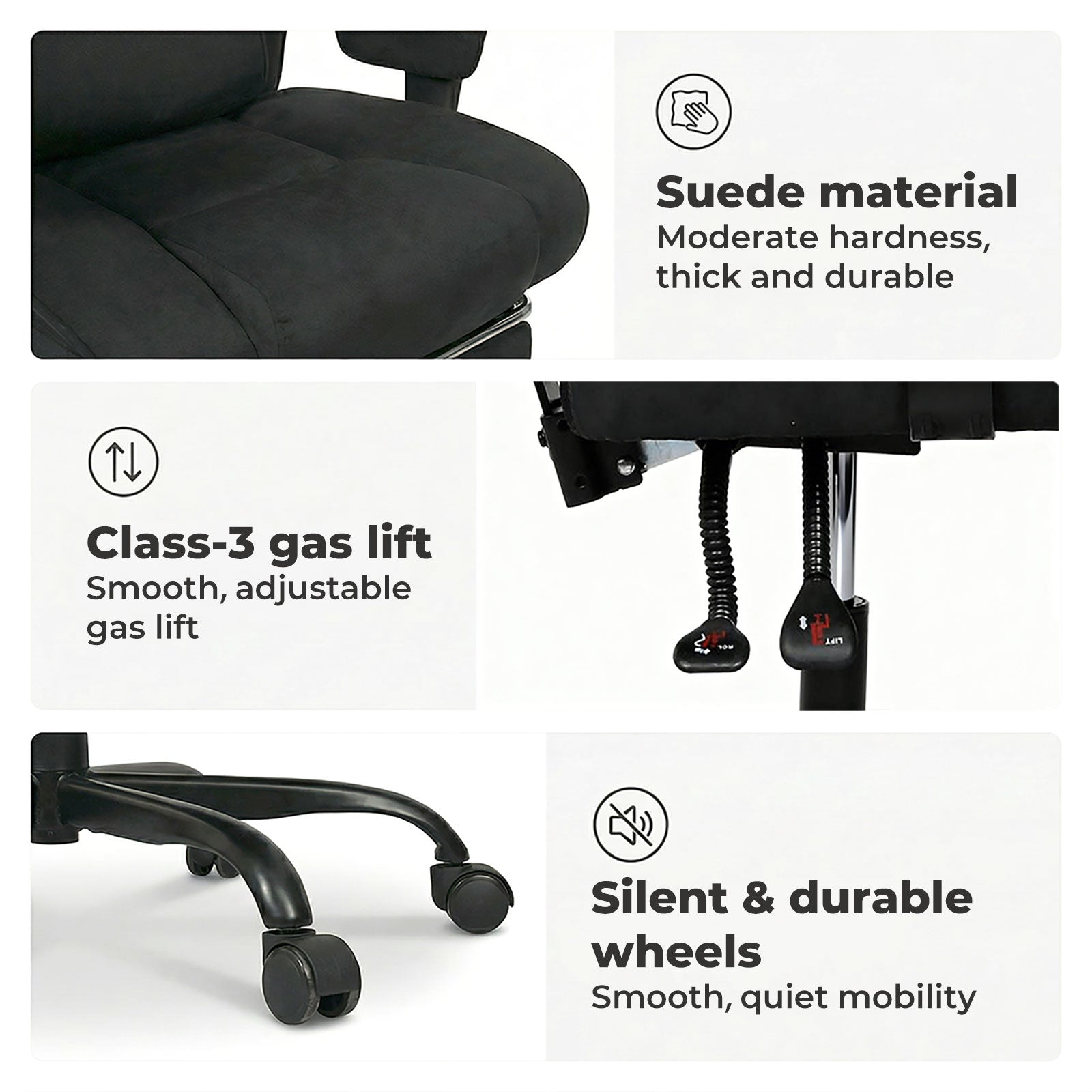 Ergonomic Office Chair Suede Fabric Wide Seat 155° Recline Footrest | Black
