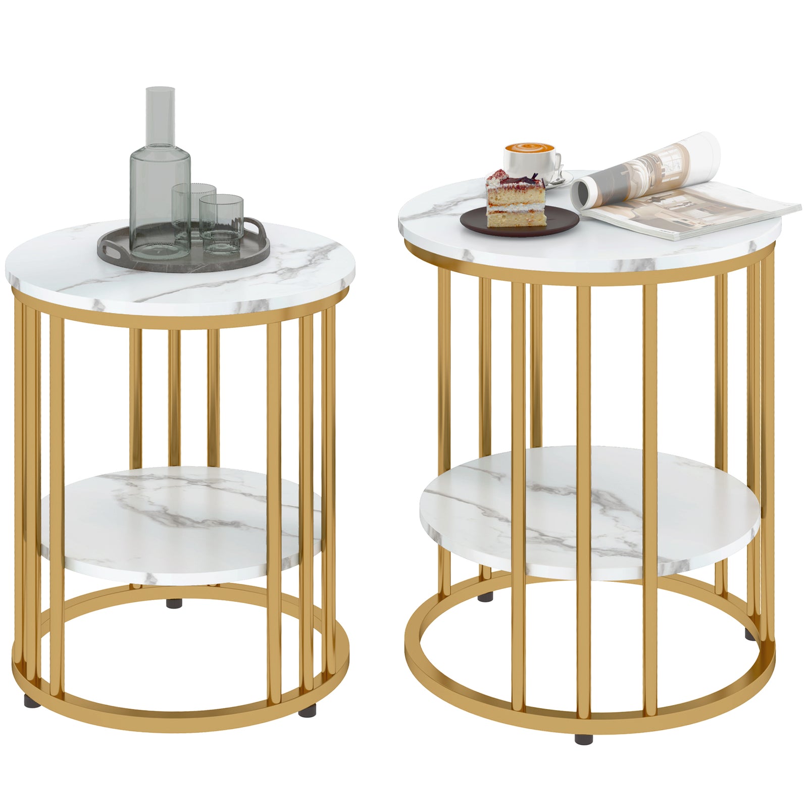 Marble-effect Round Coffee Table Set Of 2 For Living Room | Gold