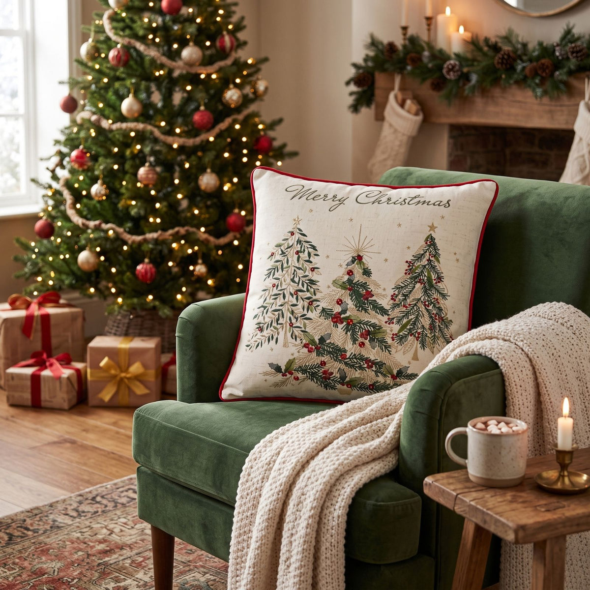 Woven Christmas Trees Cushion With Cover, 45x45cm