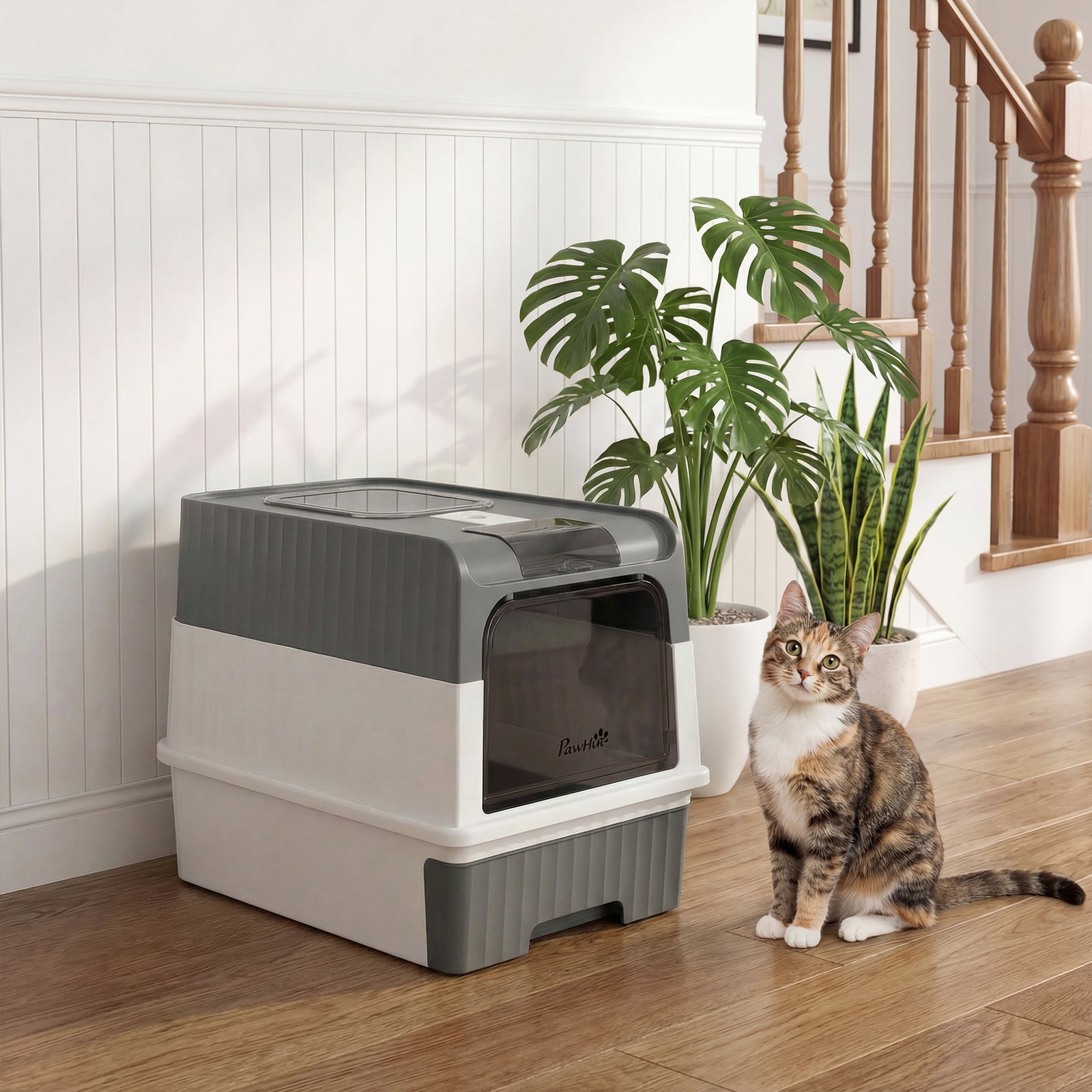 Cat Litter Box, Enclosed Cat Litter Box W/ Lid, Pull-out Drawer Tray | Grey