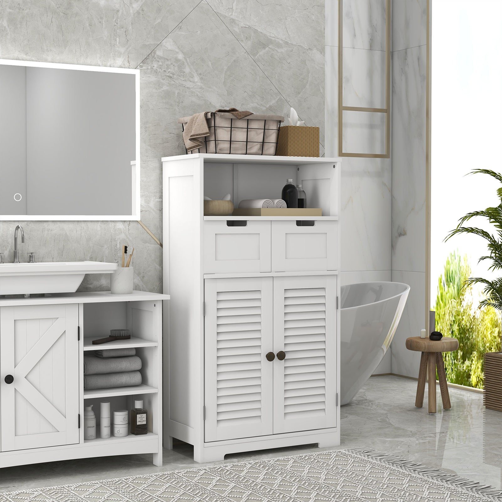 Free Standing Bathroom Storage Cabinet With Louvred Doors | One Size | White