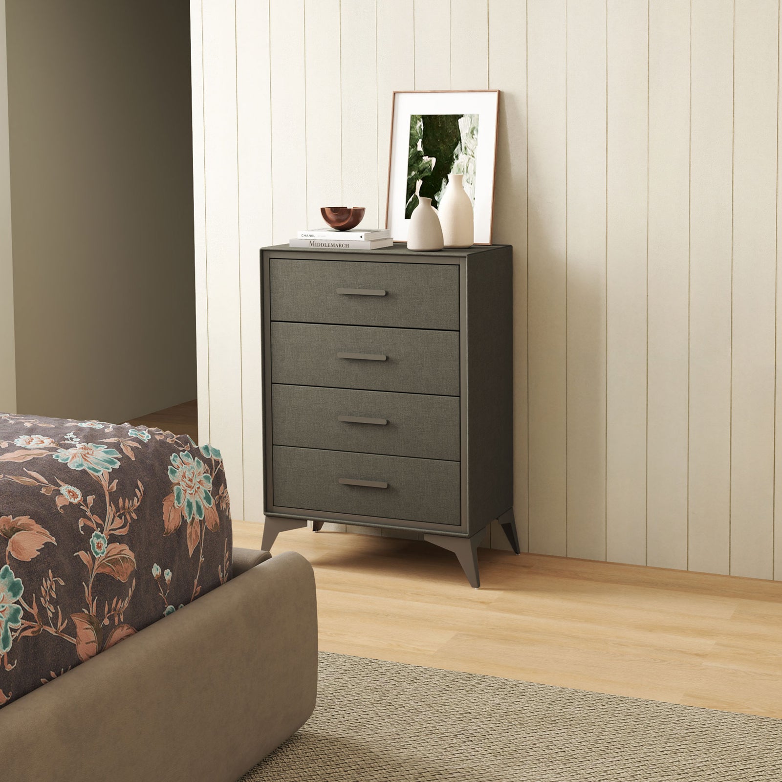 4 Drawer Chest, Fabric Dresser, Steel Frame, Brown