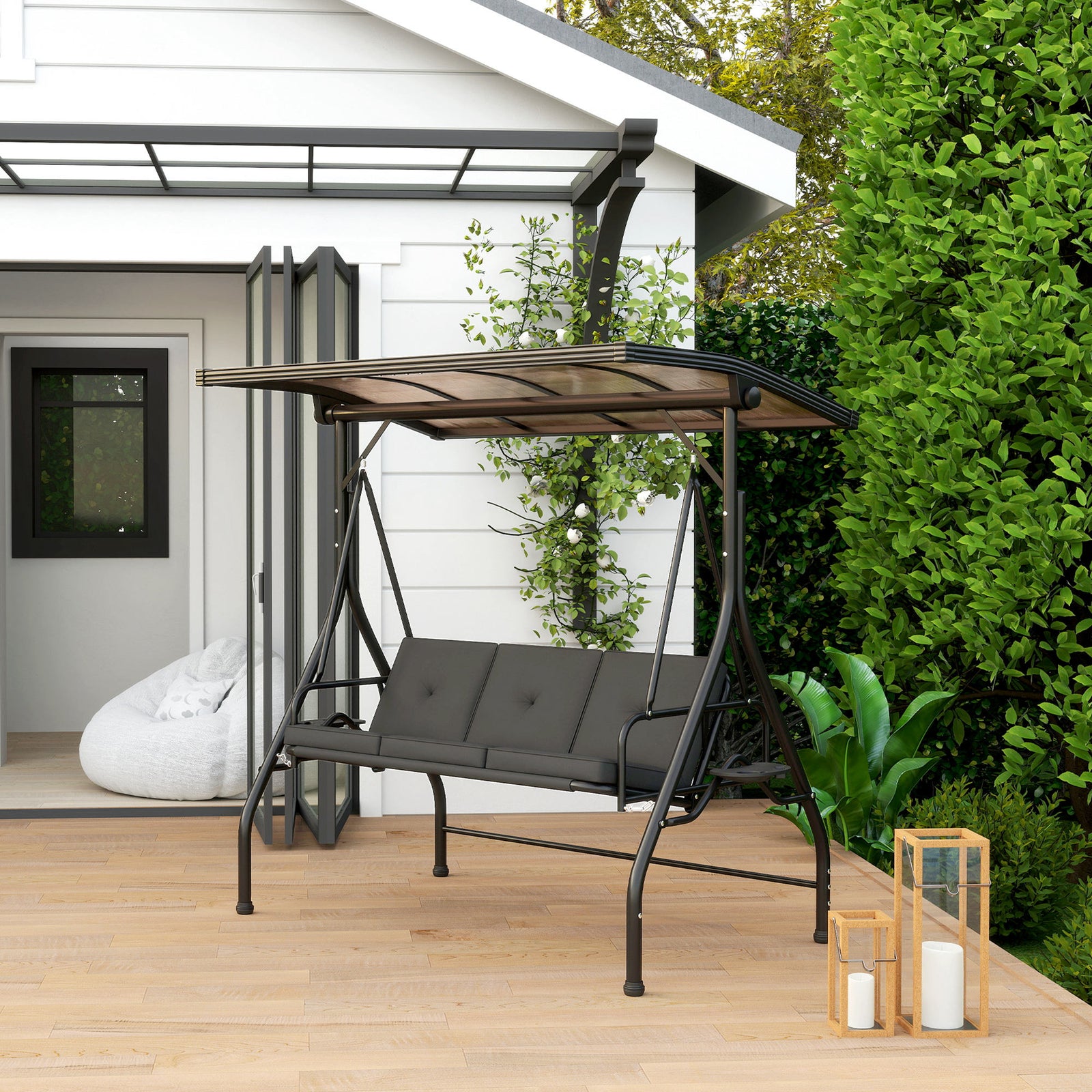 3 Seater Garden Swing Seat Bed, Convertible Swing Chair | Black