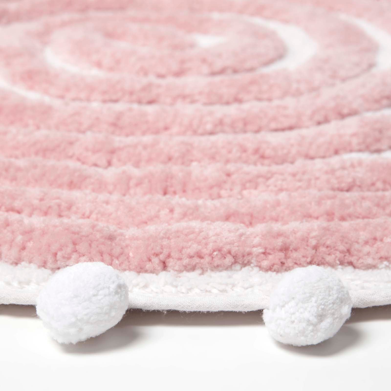 Spiral Cotton Round Bath Mat With Pom Pom Edges | 60cm | Blush Pink