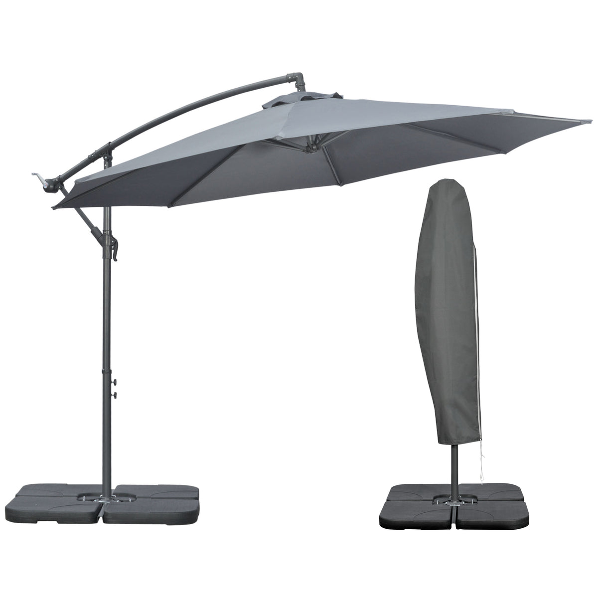 3(m) Garden Banana Parasol Cantilever Umbrella w/ Base Weights & Cover | Grey