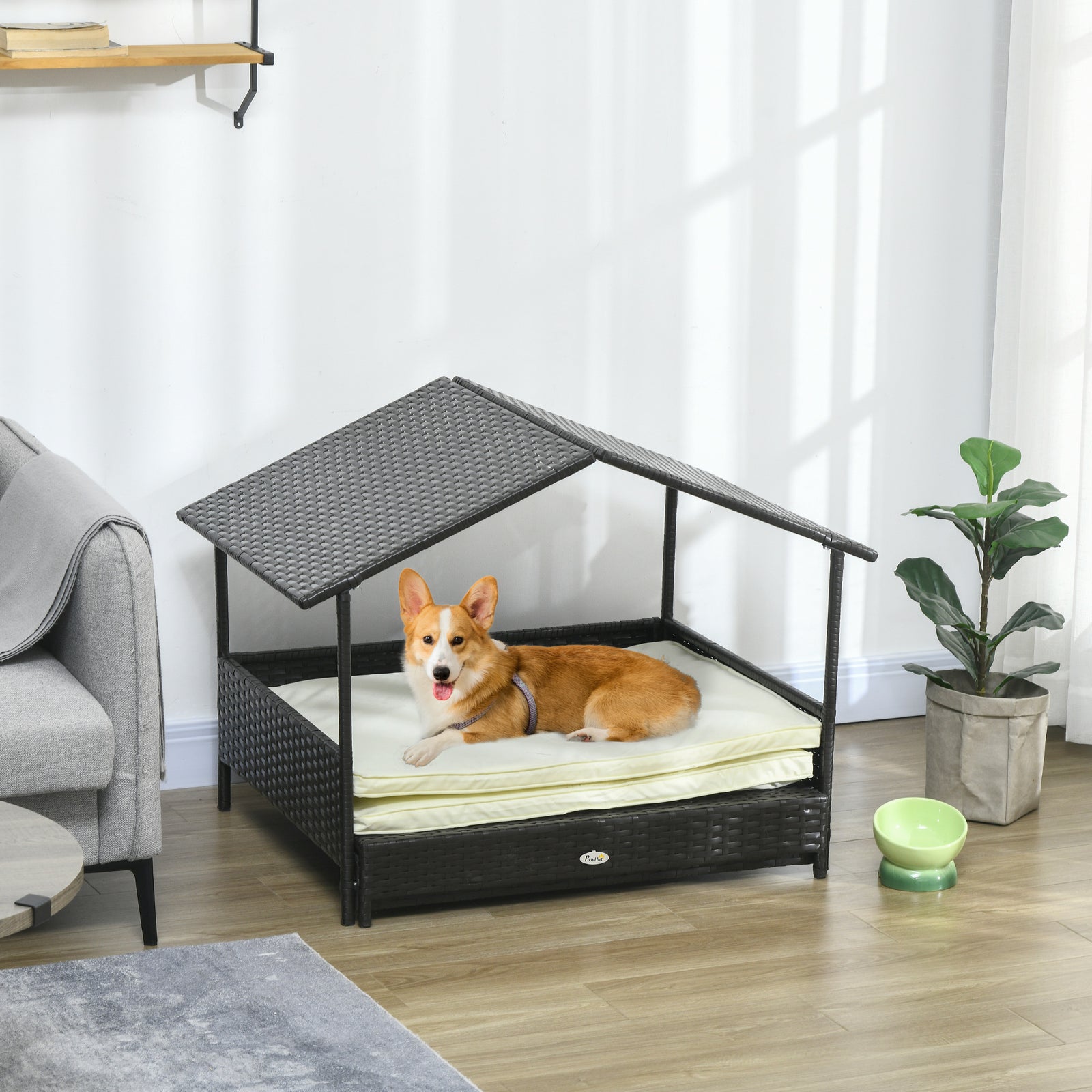Pawhut Extendable Rattan Dog House W/ Water-resistant Roof, Cushion | Cream