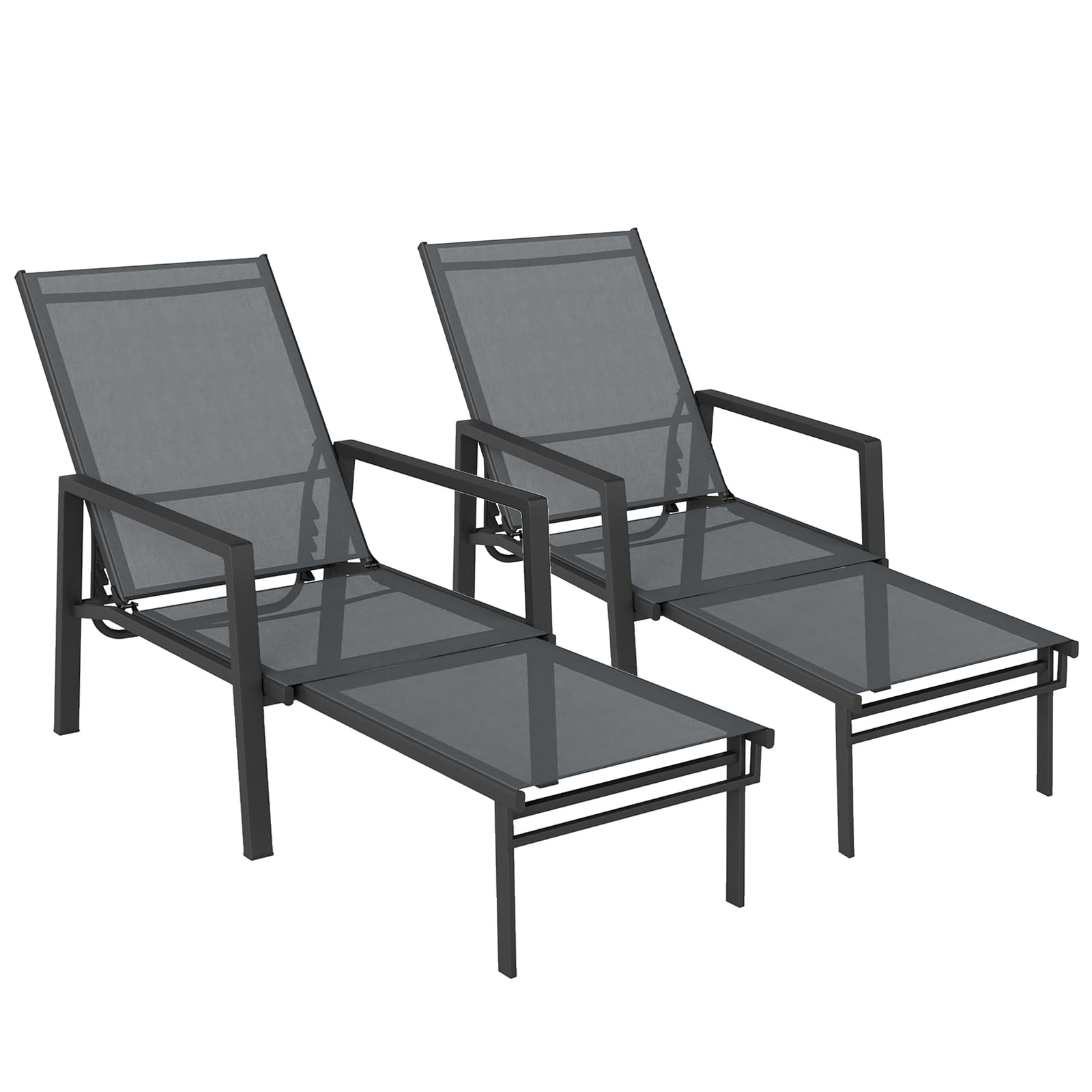 Sun Lounger W/ Retractable Footrest, 5-position Adjustable | Set-of-2 | Grey