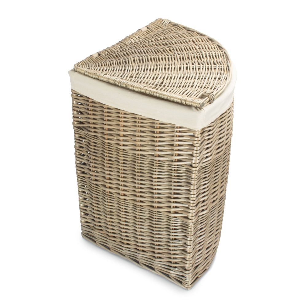 White Cotton Lined Antique Wash Wicker Corner Laundry Basket | Small | White
