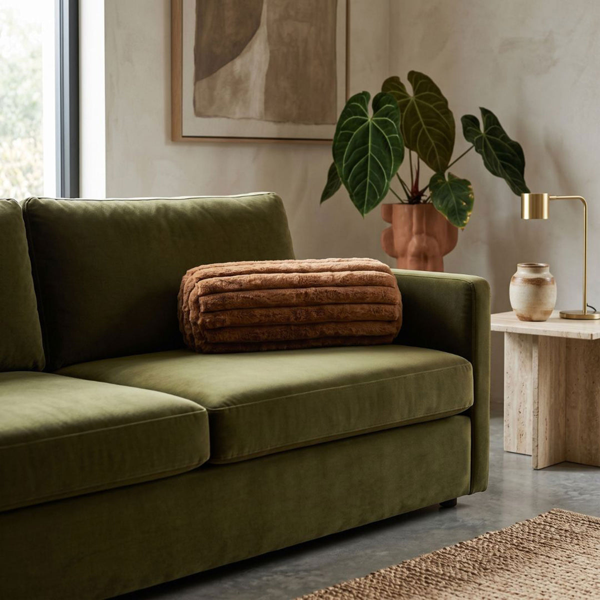 Ribbed Bolster Cushion, 40 X 15cm | 40cm x 15cm | Terracotta
