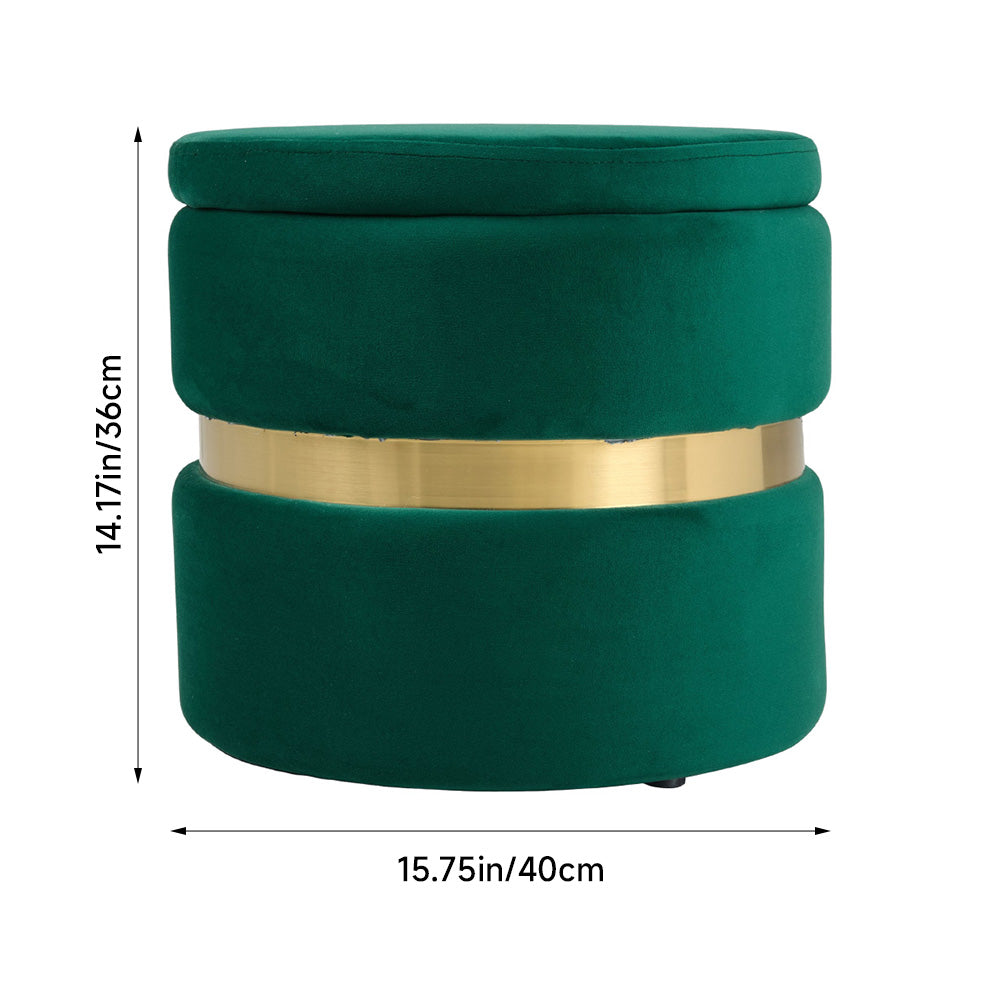 Upholstered Storage Ottoman Foot Rest With Gold Metal Ring 40cm Dia | Green