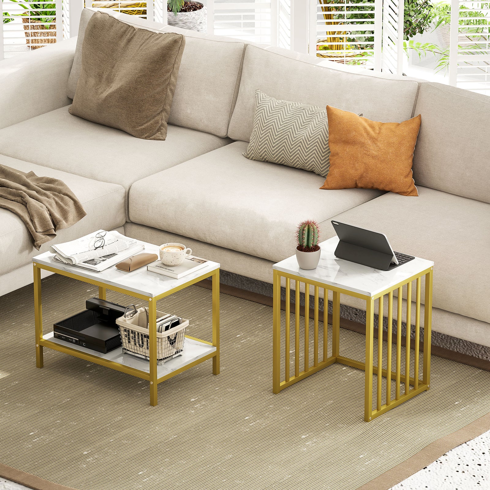 Coffee Table Set, Marble-effect, Steel Frame