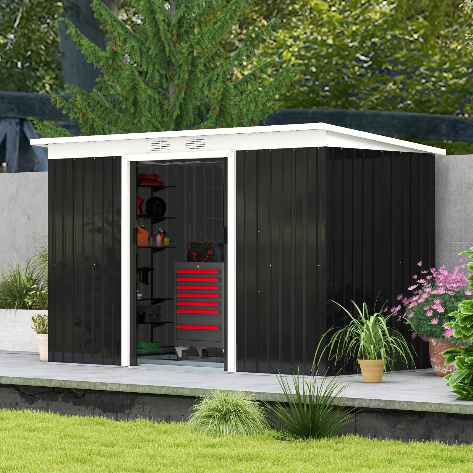 9 X 4ft Outdoor Metal Frame Garden Storage Shed W/ 2 Door | Dark Gray