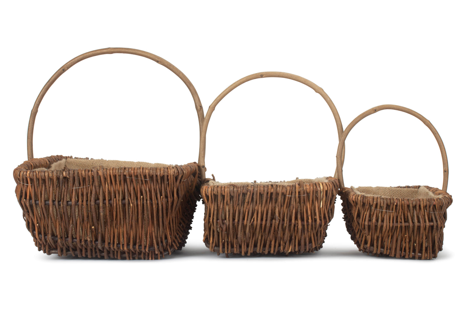 Wicker Rectangular Unpeeled Willow Garden Trug With Hessian Lining | Set-of-3 | Brown