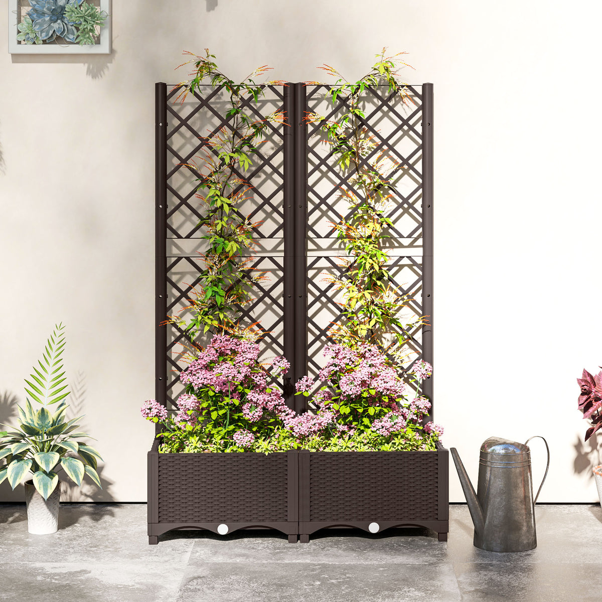 Outsunny Plastic Planter Box With Trellis, Vegetable Planter W/ Drain Plugs