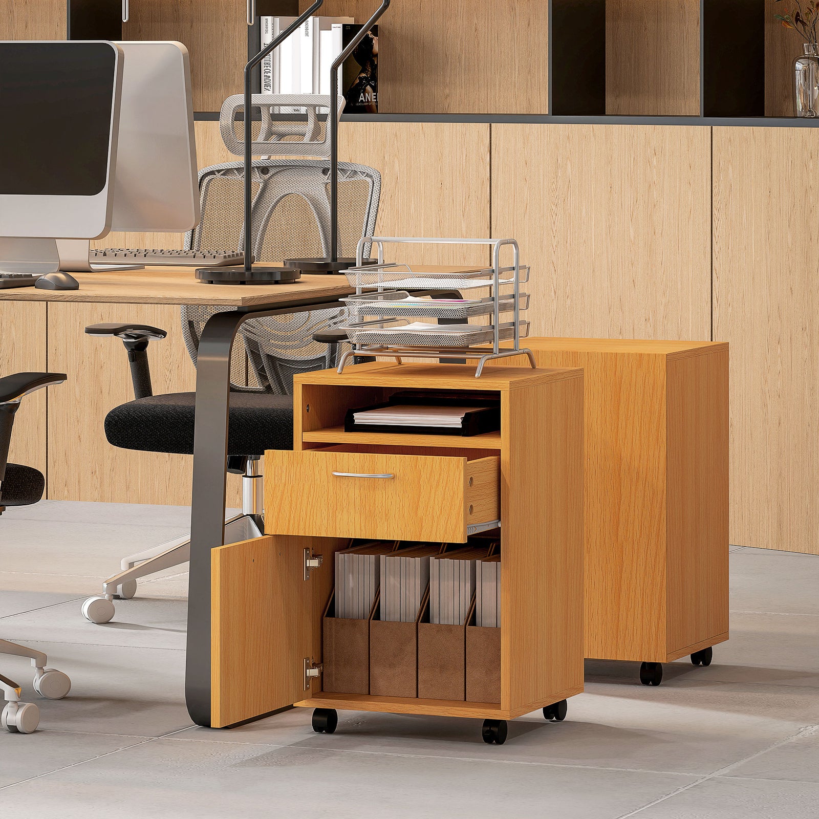60cm Filing Cabinet With Drawers And Open Shelf | Natural