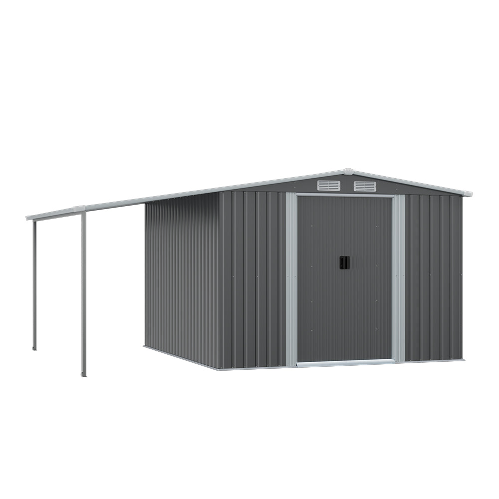 8x8ft Galvanized Steel Garden Shed With 1.1m Lean-to Extension & Shelves – Heavy Duty Outdoor Storage Shed With Firewood Roof & Ample Space