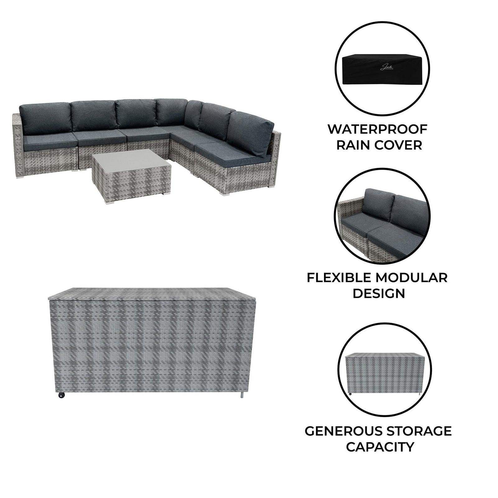 Rattan Modular 7 Piece Furniture Set & 996l Storage Box | Grey