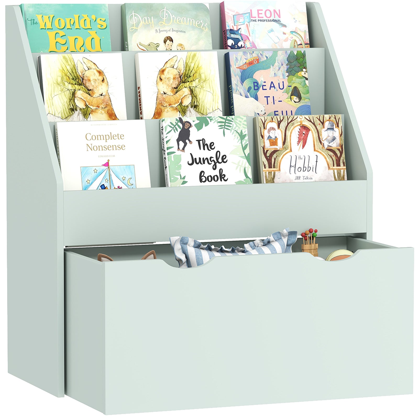 Kids Bookcase W/ 3 Tier Shelves, Drawer, For Bedroom, Nursery | Green