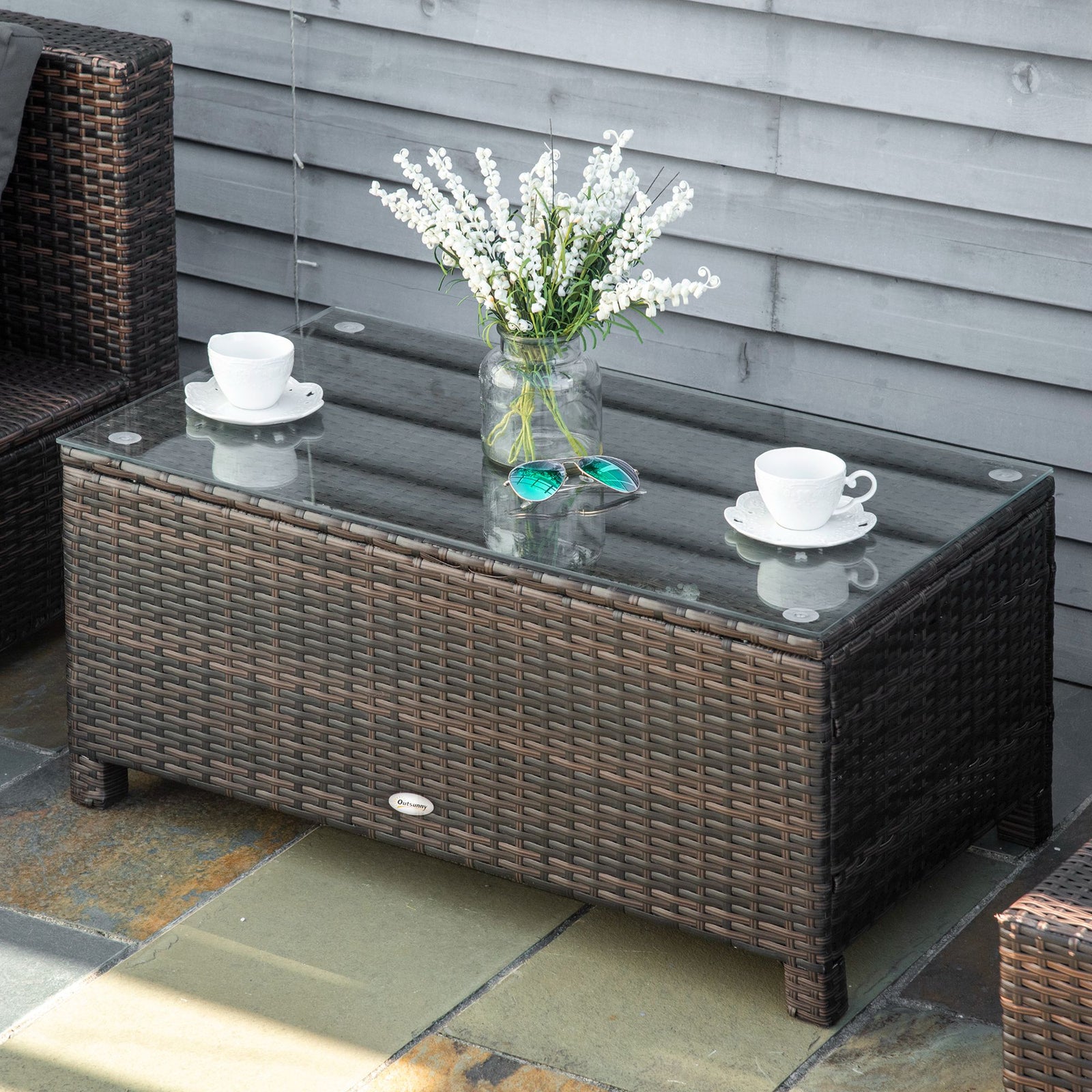Garden Rattan Side Table,wicker Coffee Desk, Glass Top | Brown