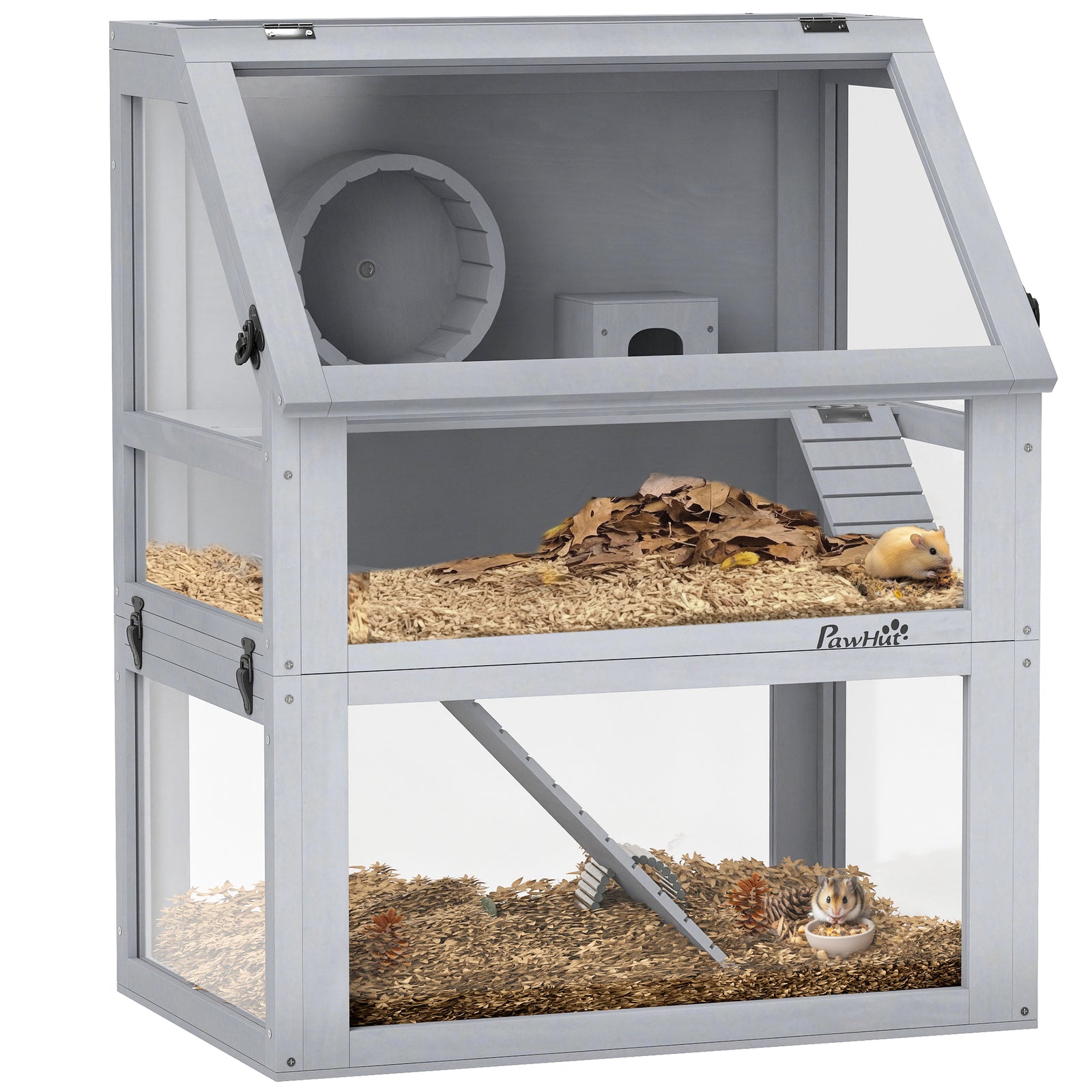 Wooden Hamster Cage W/ Detachable Bottom, Hut, Seesaw, Light Grey