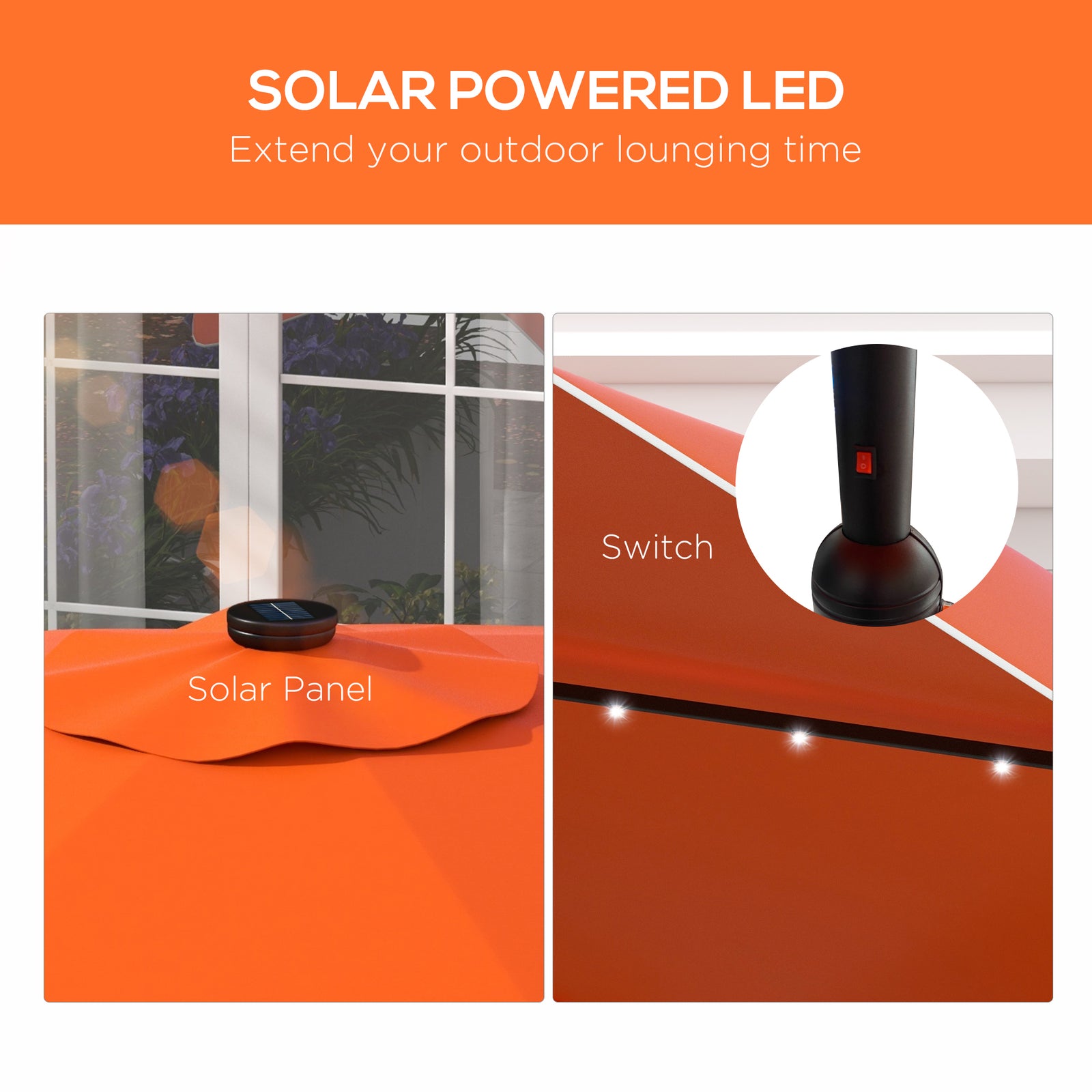 Solar Garden Parasol W/ Led, Tilt | Orange