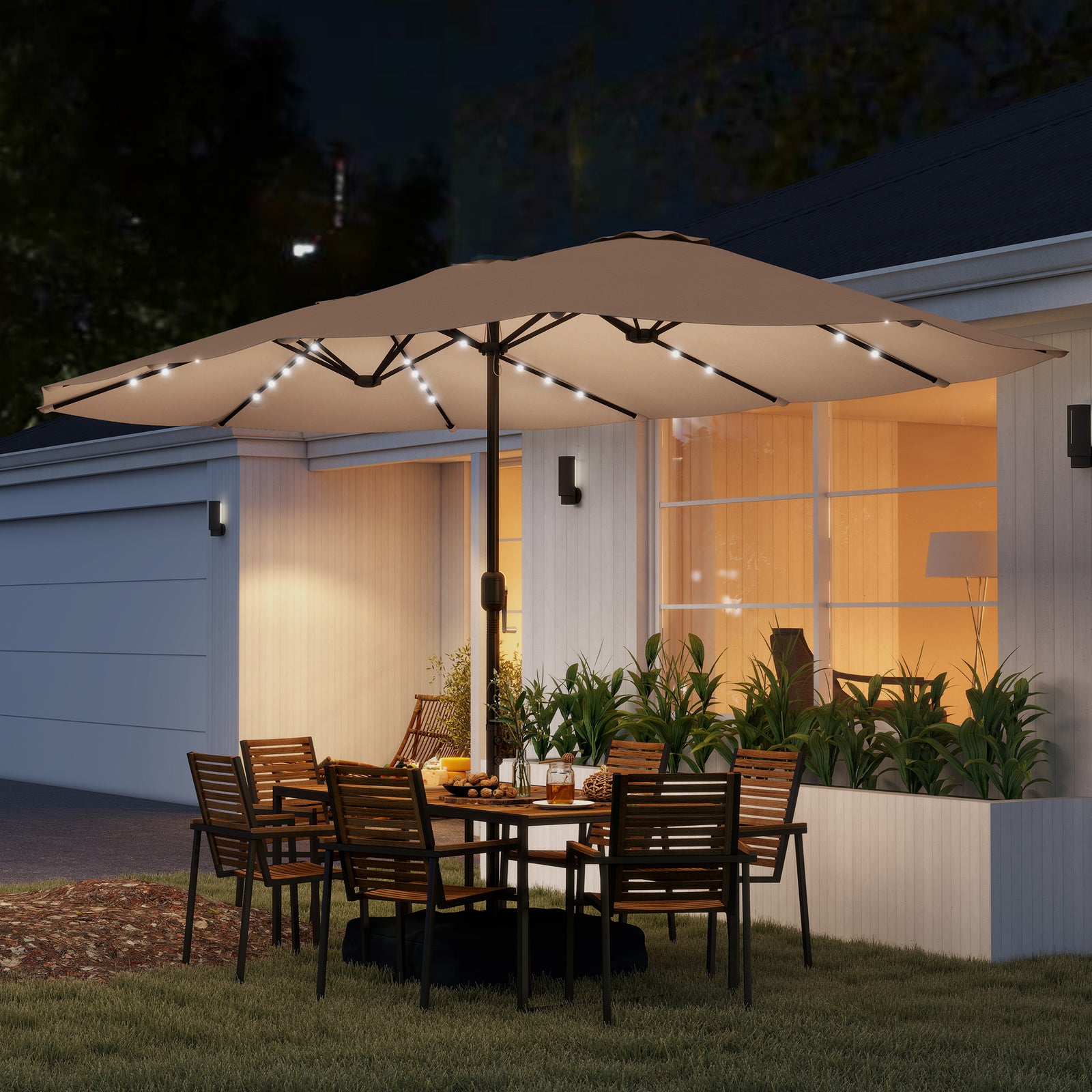 Double Sided Garden Parasol W/ 60 Solar Led Lights 4.5m | Khaki