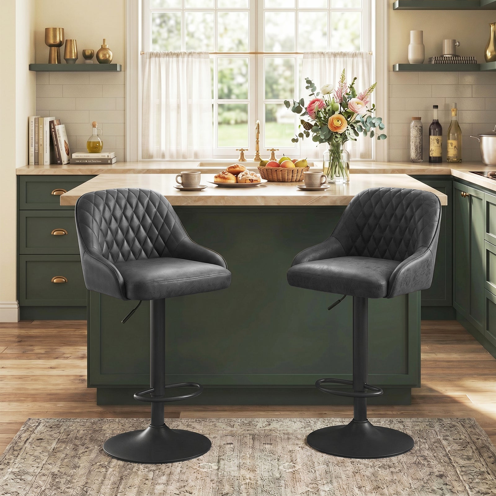 Bar Stools Set Of 2 Adjustable Swivel Counter Height | Black