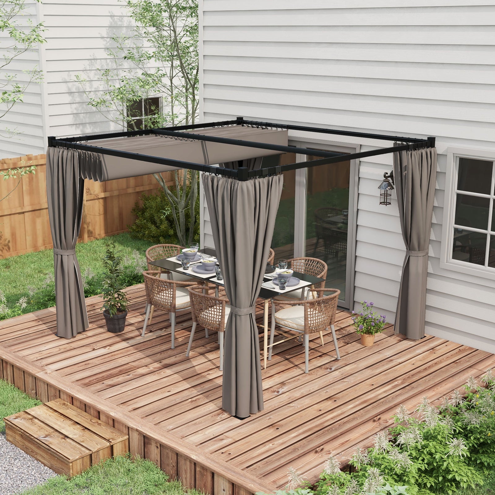 3 X 3(m) Pergola With Retractable Roof And Curtains | Light Slate Gray