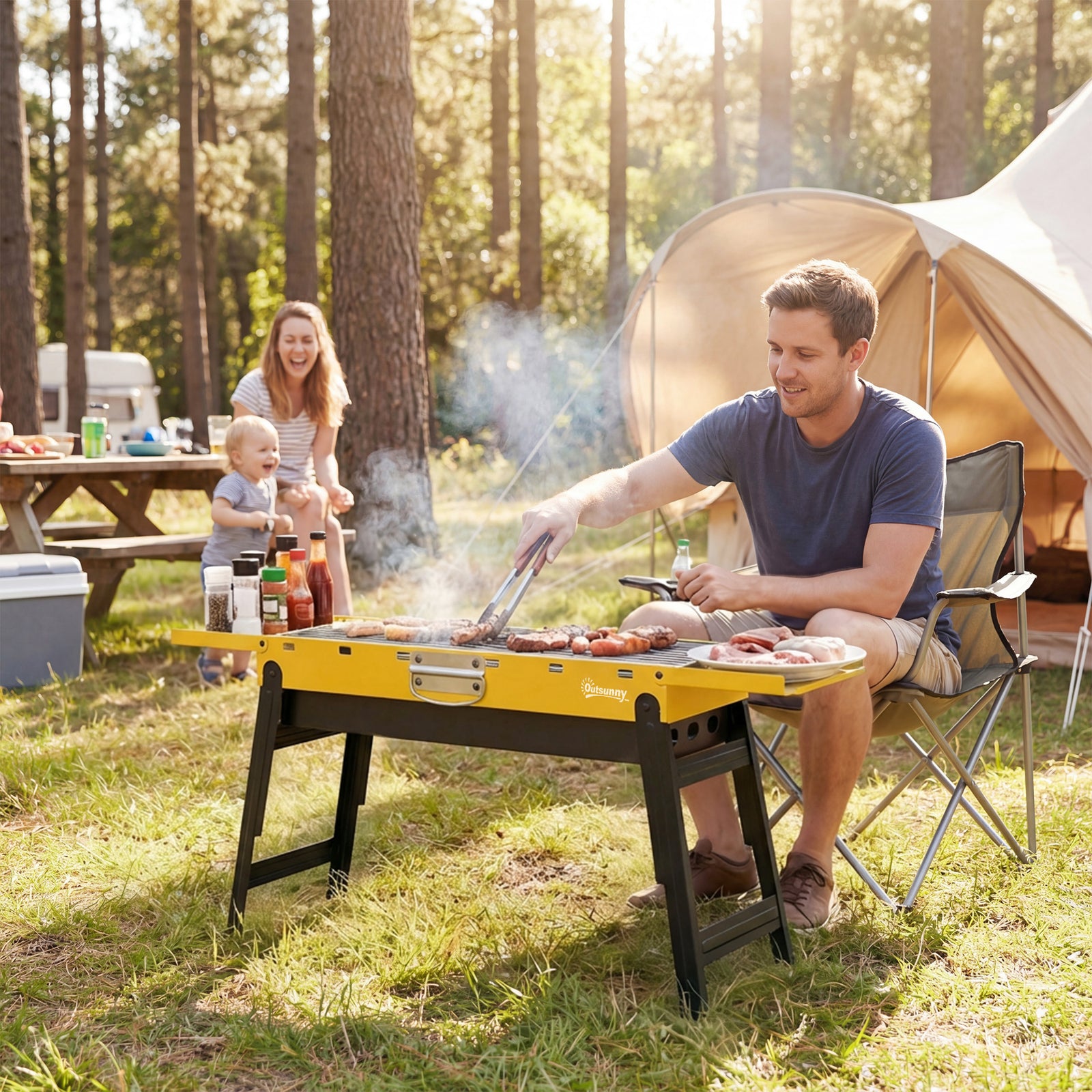 Bbq Grill, Charcoal Barbecue With 2 Side Shelves And Handle | Yellow