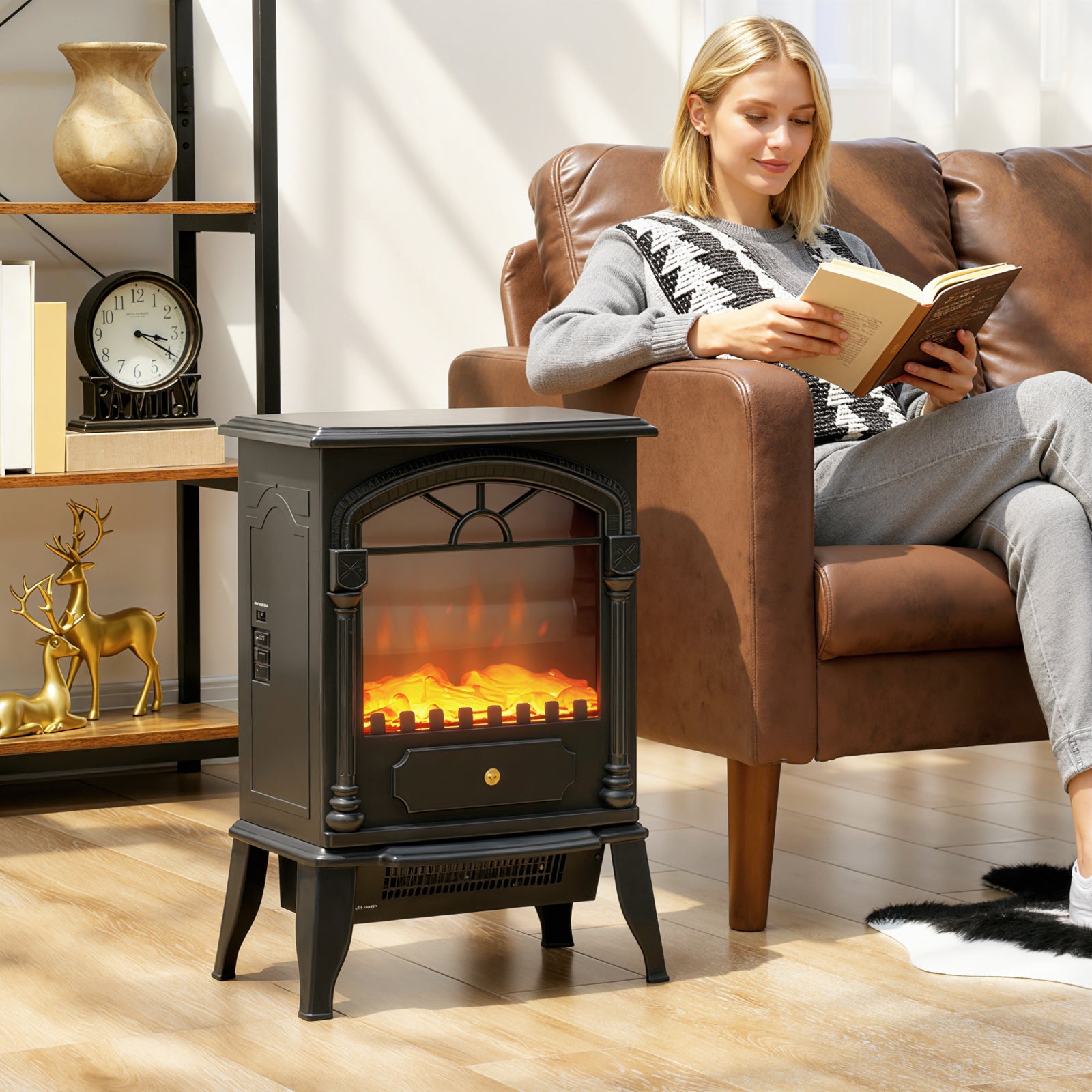 Portable Fireplace With Adjustable Thermostat, 2 Heat Settings, Black