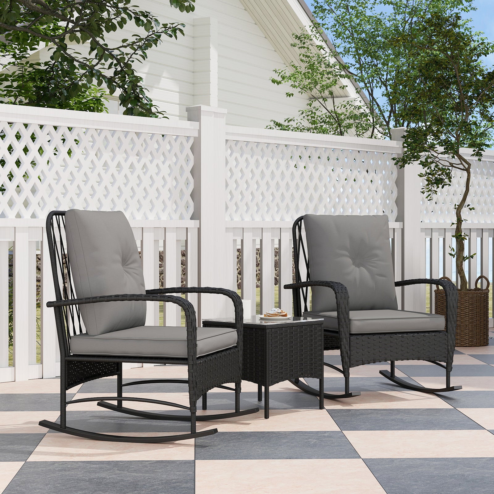 Rattan Bistro Set Balcony Furniture With Rocking Chairs | Black