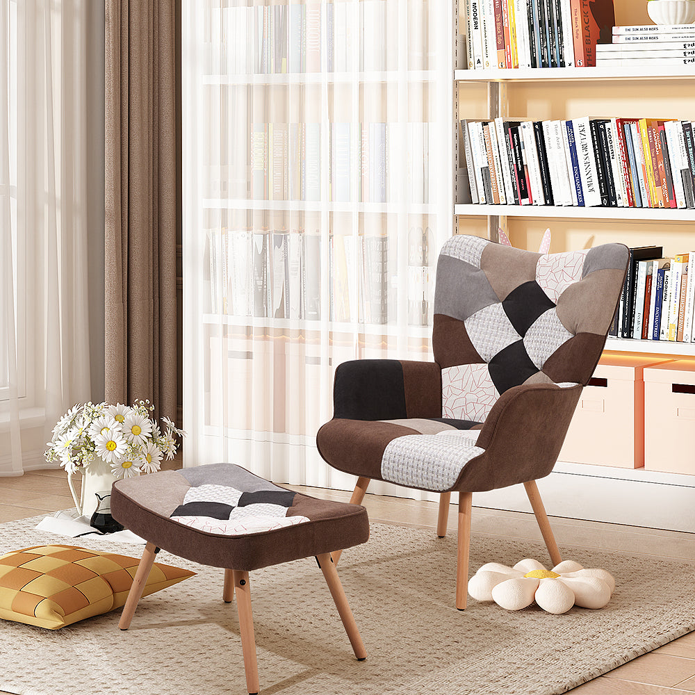 Colour Block Upholstered Wingback Armchair With Footstool