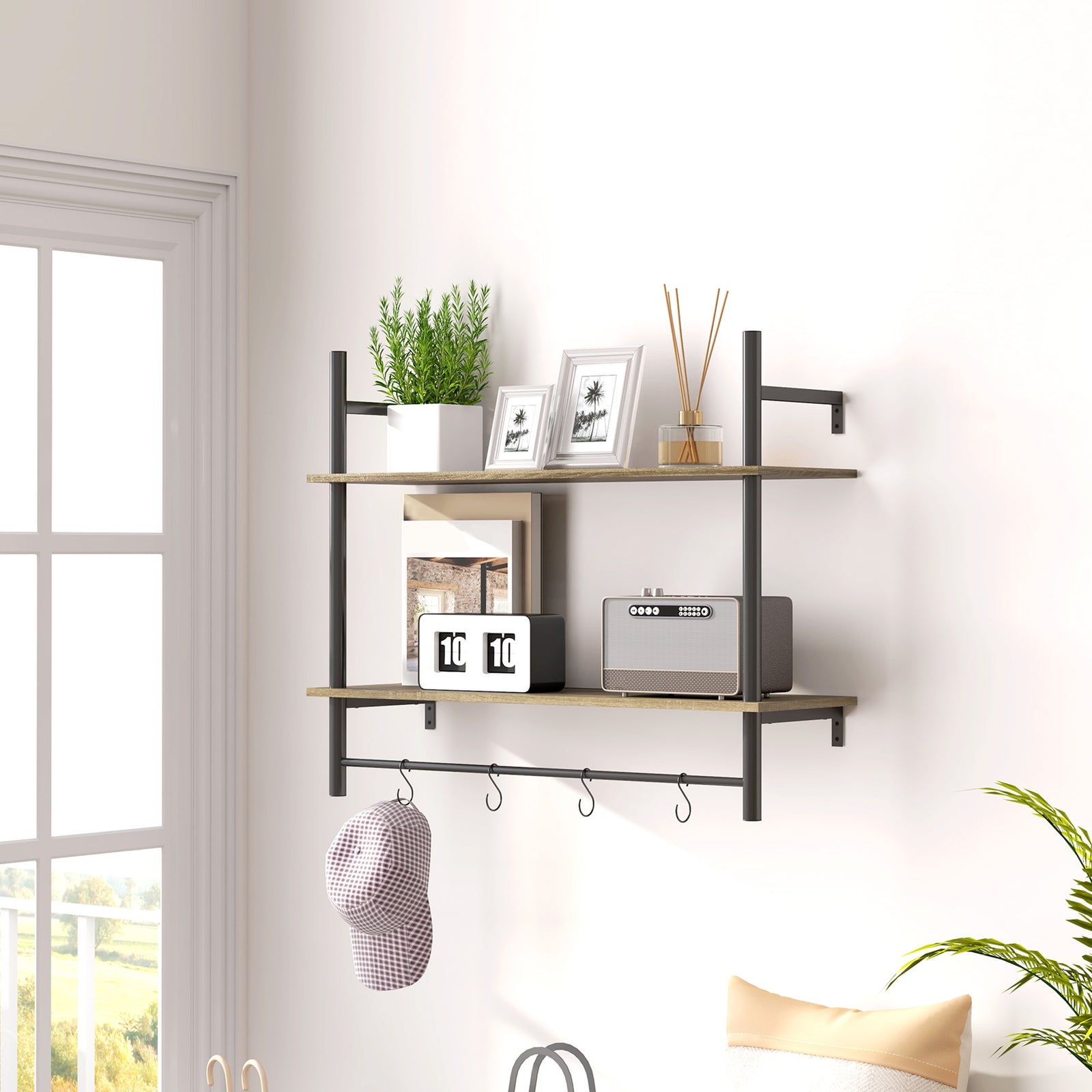Wall Shelf Unit With 4 Hooks For Living Room, Entryway | One Size