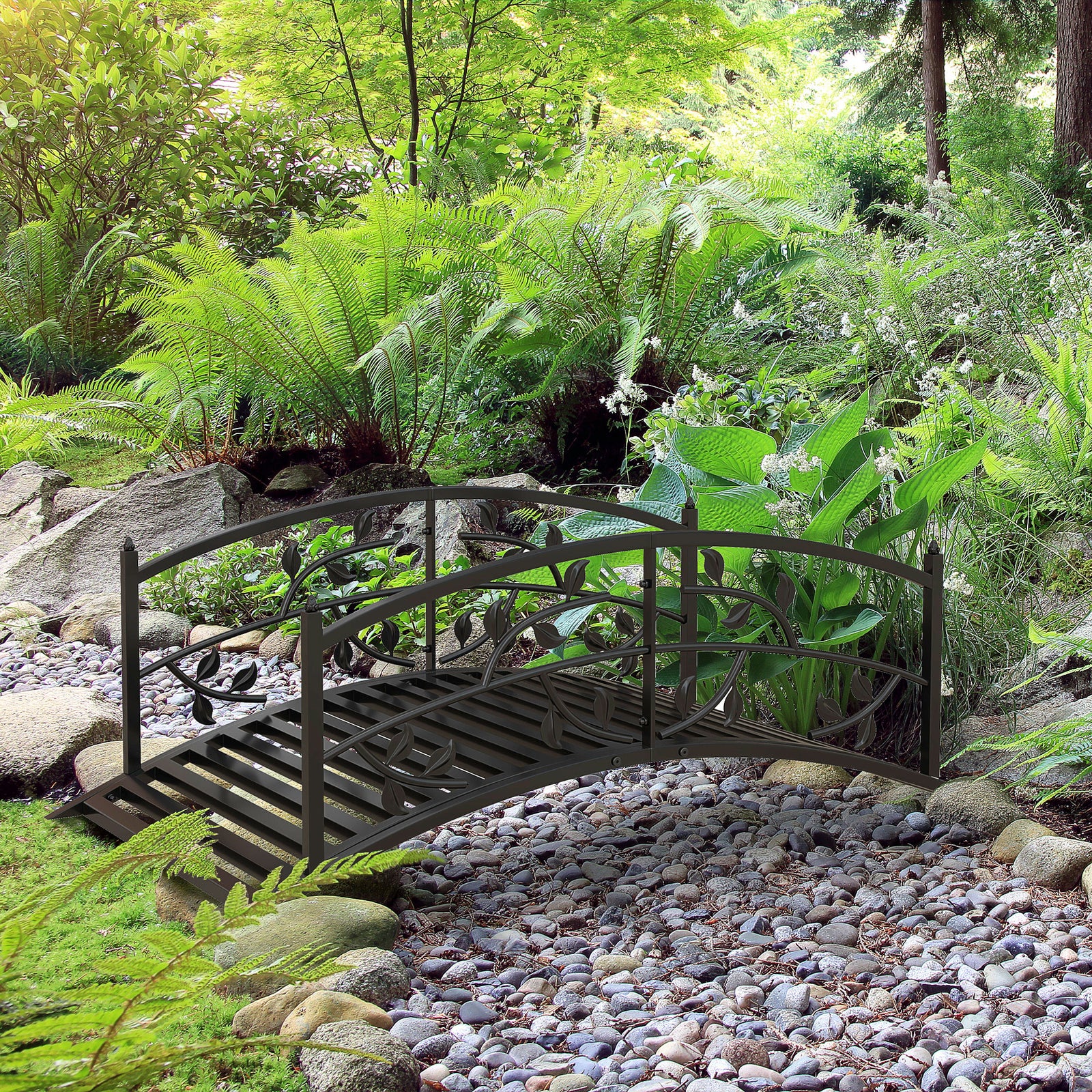 1.2m Metal Garden Bridge With Railings, Vine Pattern, Black