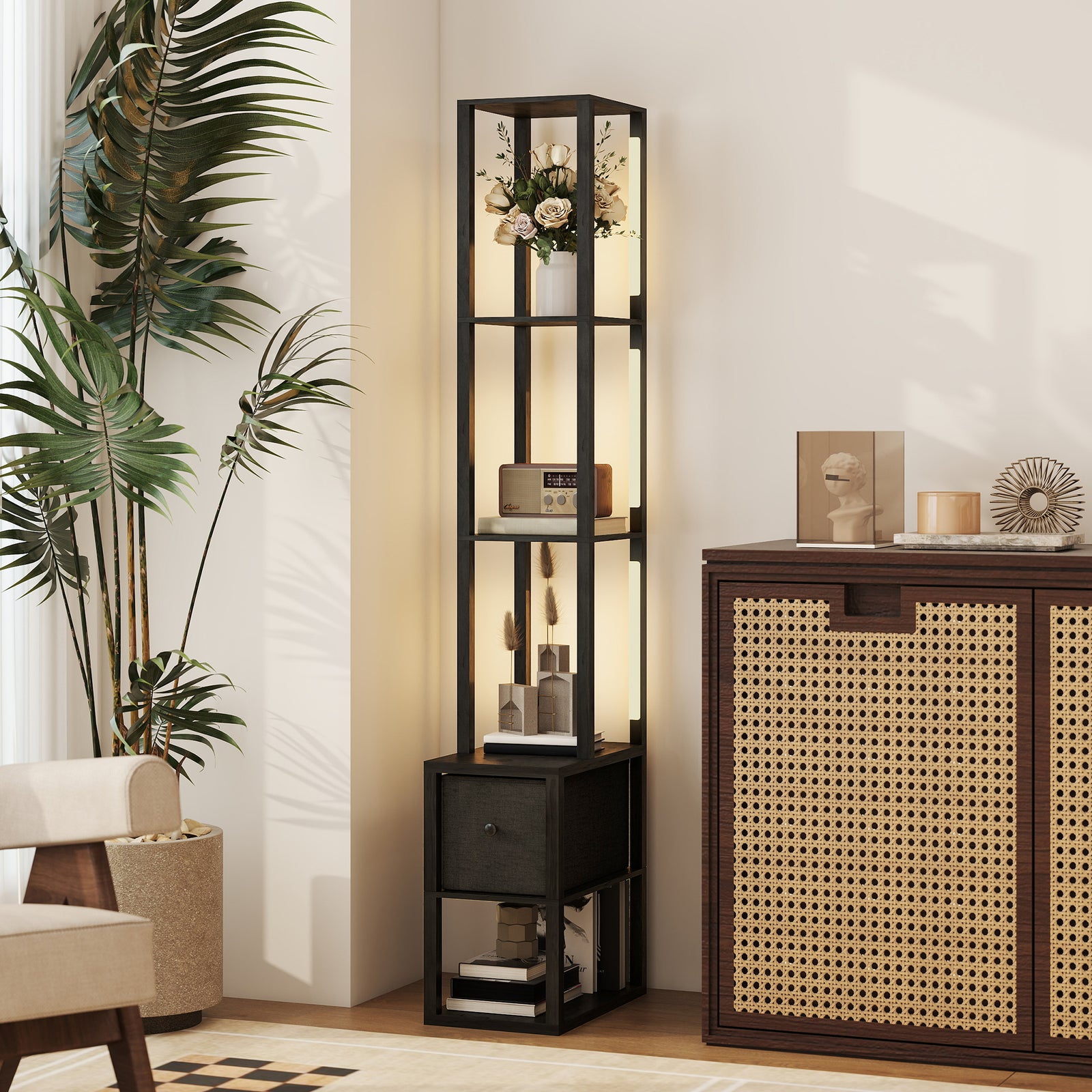 Floor Lamp With Shelves, Led Standing Lamp With Fabric Drawer | Black