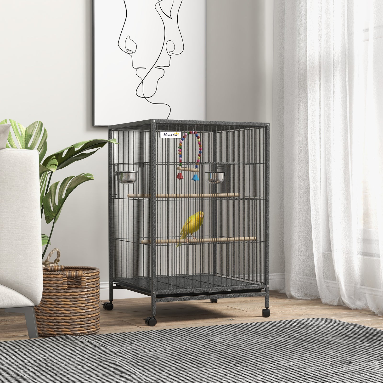 Bird Cage With Rolling Stand For Small Birds - Grey