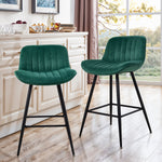 Set Of 2 Modern Flannel Bar Stools With Backrest – Soft Padded Seat, Metal Legs | Dark Green