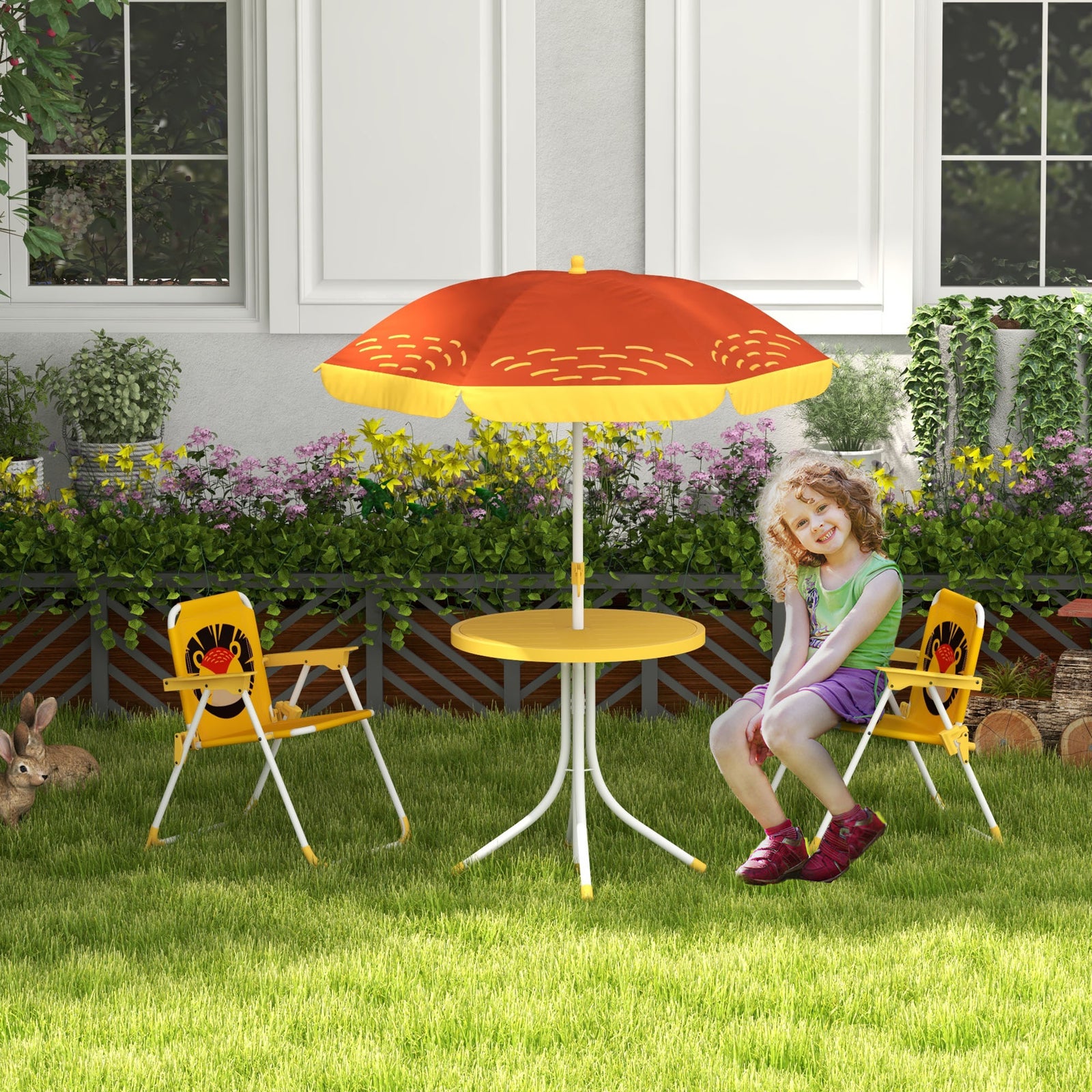Kids Bistro Table And Chair Set W/ Lion Theme, Adjustable Parasol