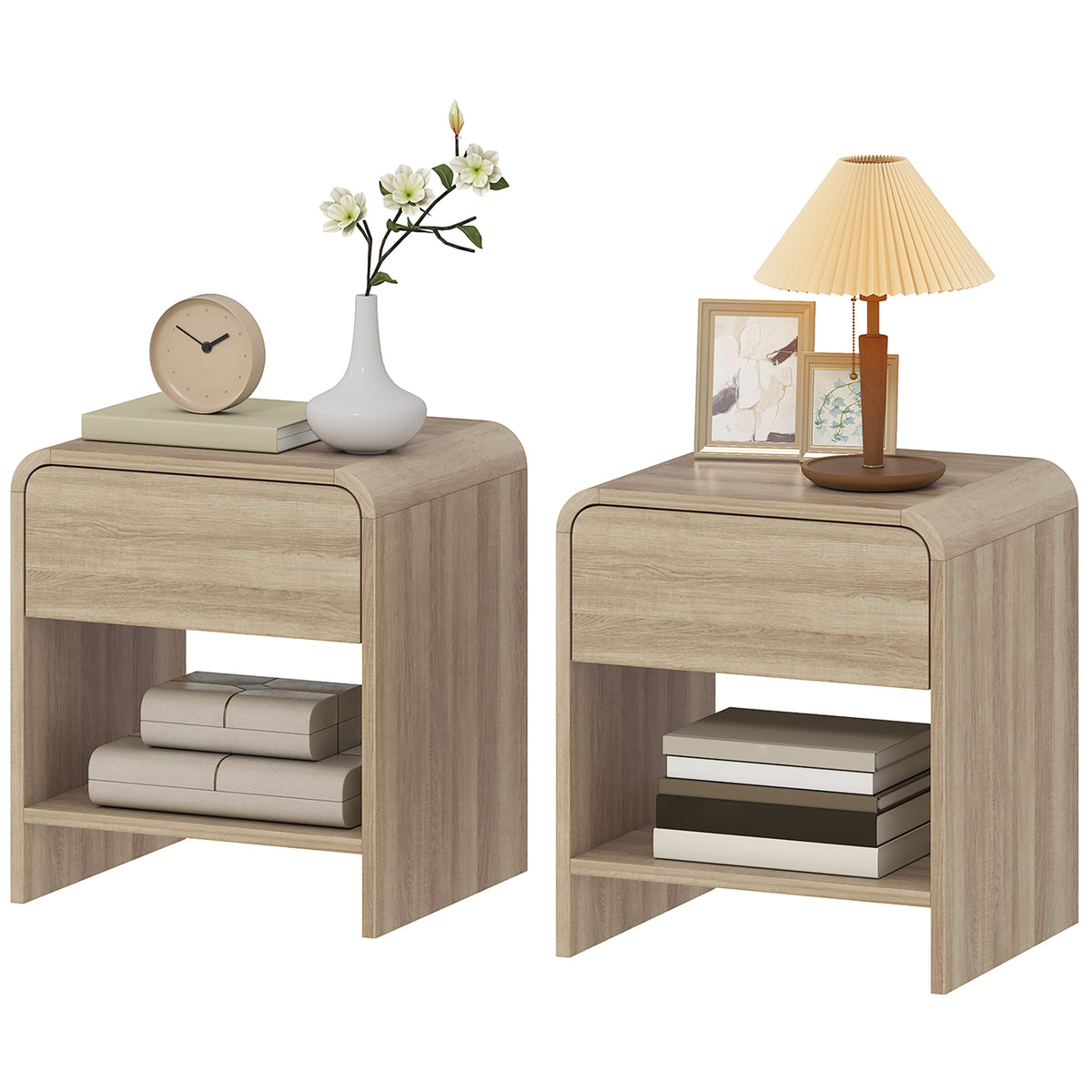HOMCOM Bedside Tables Set Of 2, Rounded Corner Nightstand Drawer Natural