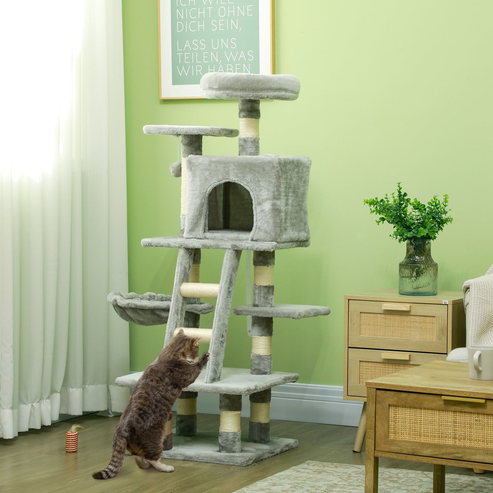 132cm Multi-activity Cat Tree W/ House, Bed, Ladder, Scratch Post - Grey