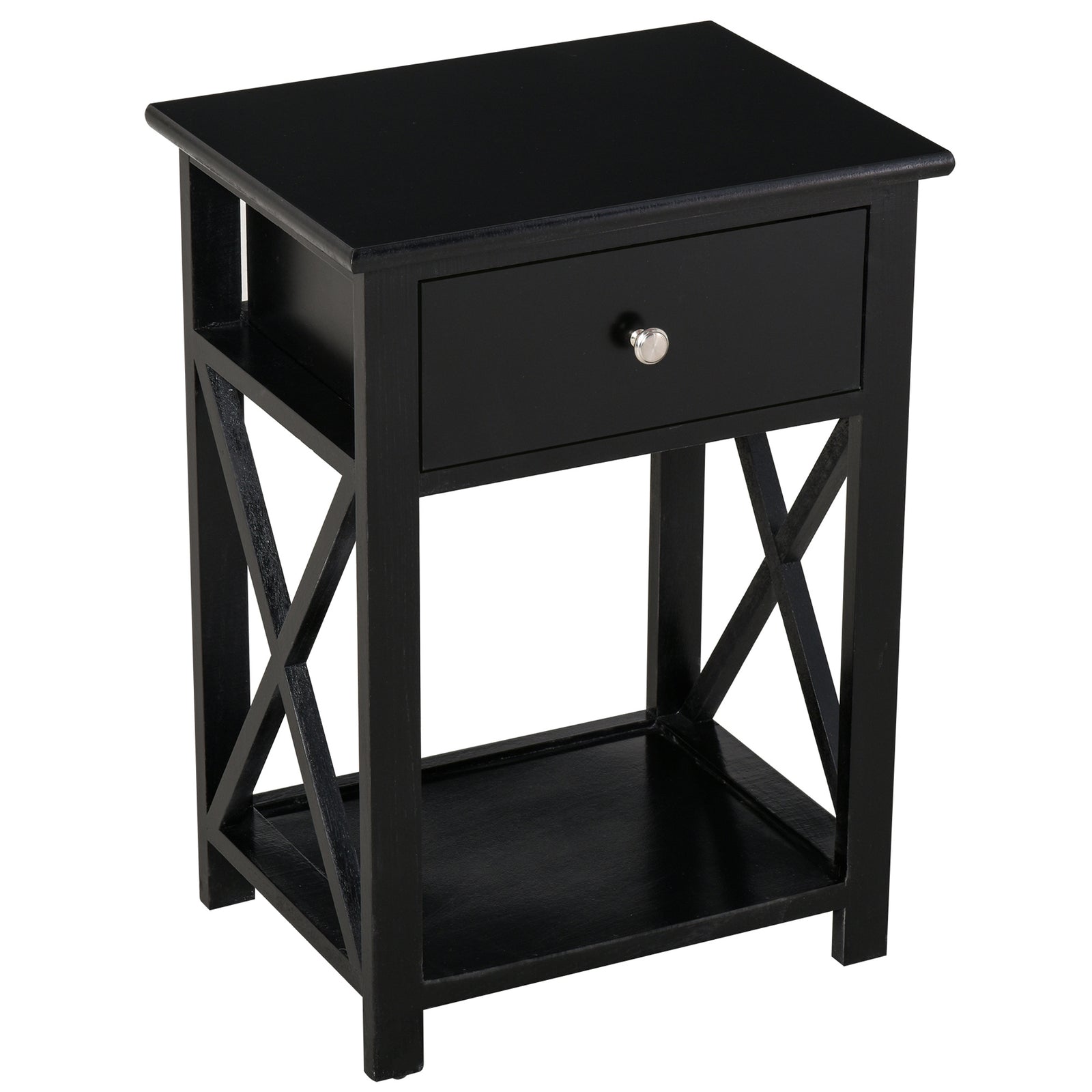 Side Table Nightstand For Bedroom With Drawer & Bottom Shelf | Black
