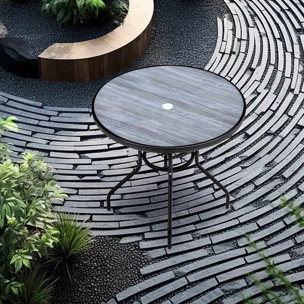 Round Garden Tempered Glass Wood Grain Coffee Table - 80cm Dia X 72cm