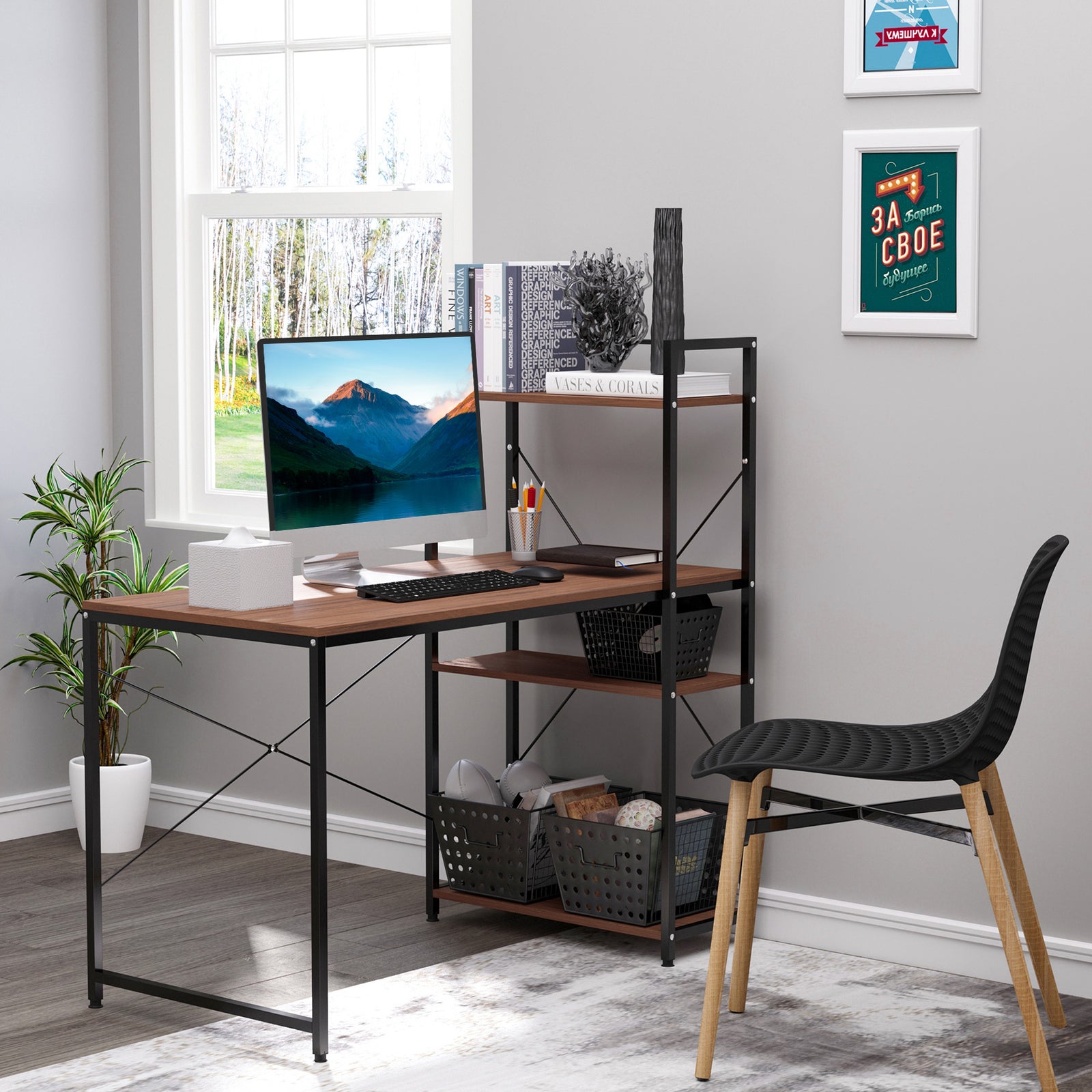 Computer Desk Laptop Table W/4-tier Bookshelf Metal Frame | Brown